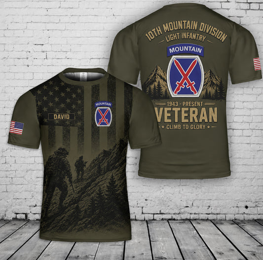 Custom Name US Army 10th Mountain Division Veteran 3D T-Shirt