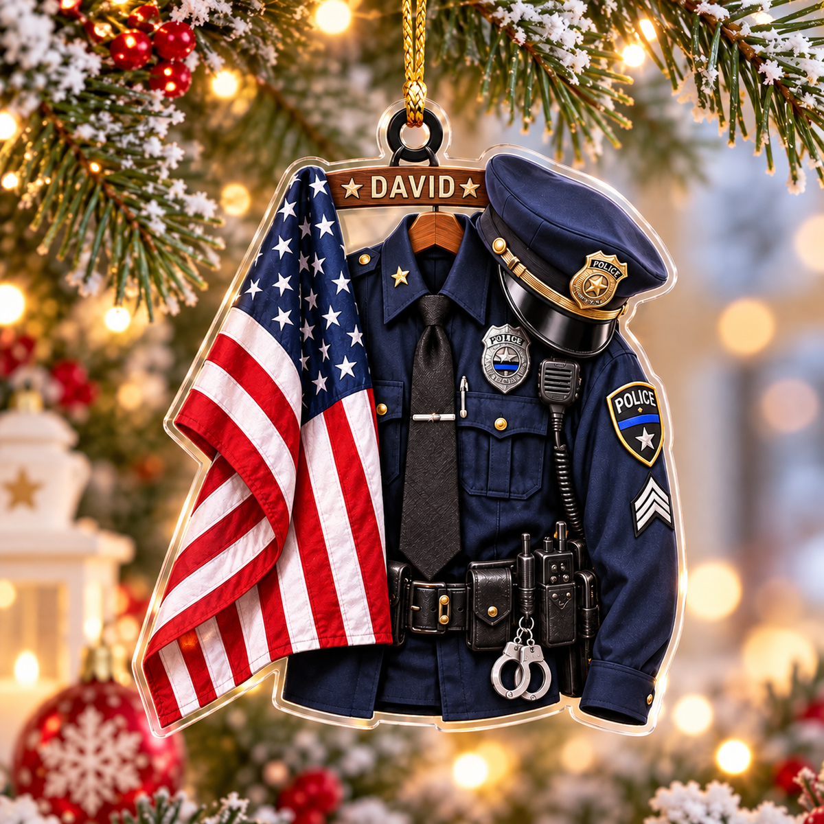 Personalized Police Uniform Acrylic Ornament - Custom Name American Flag Christmas Gift for Police Officers