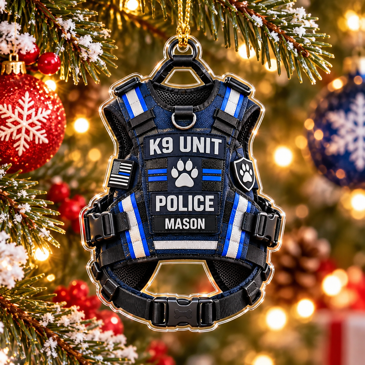 Personalized Police K9 Unit Vest Acrylic Ornament - Custom Name Thin Blue Line Christmas Gift