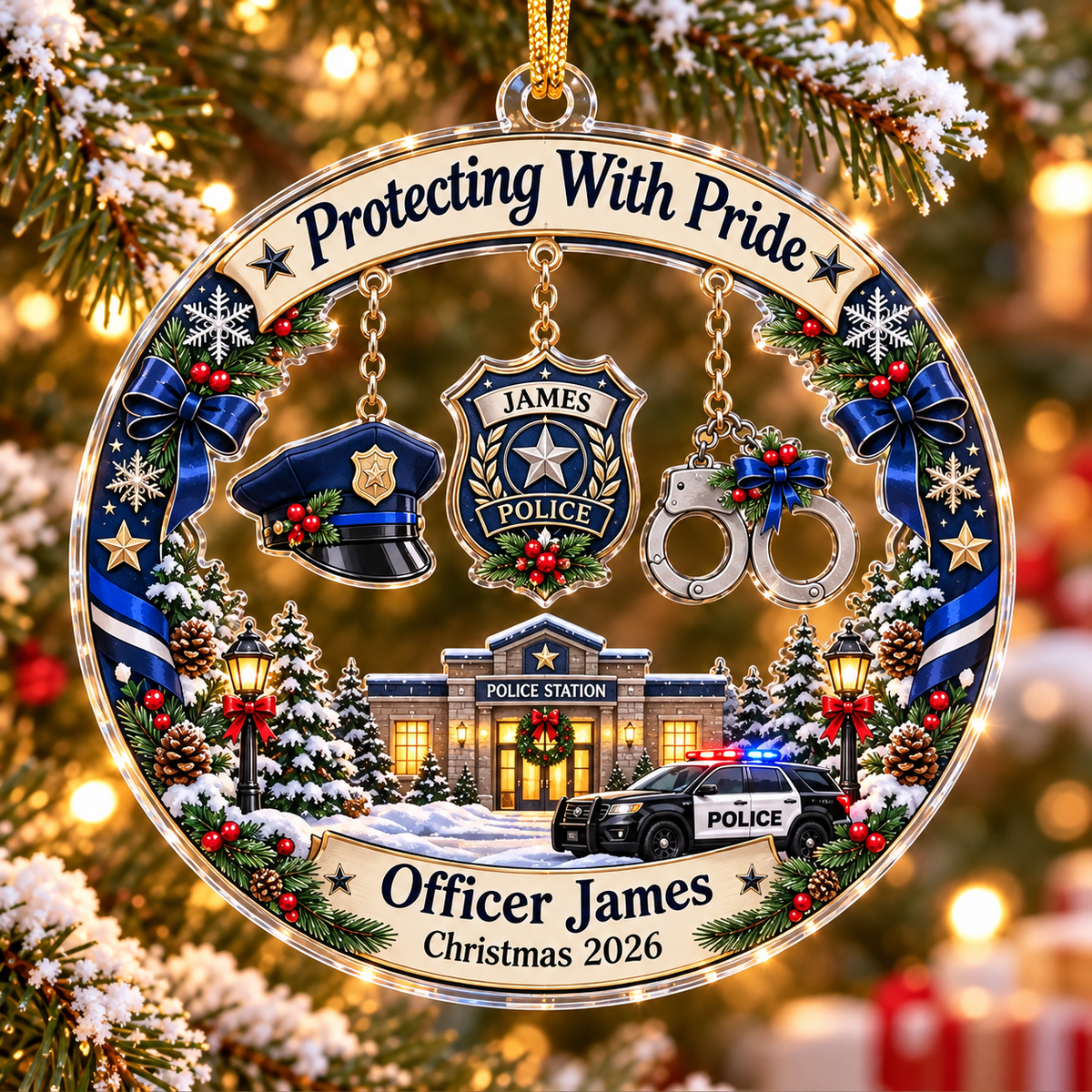 Personalized Police Officer Acrylic Ornament - Protecting With Pride Custom Name Christmas Gift 2026