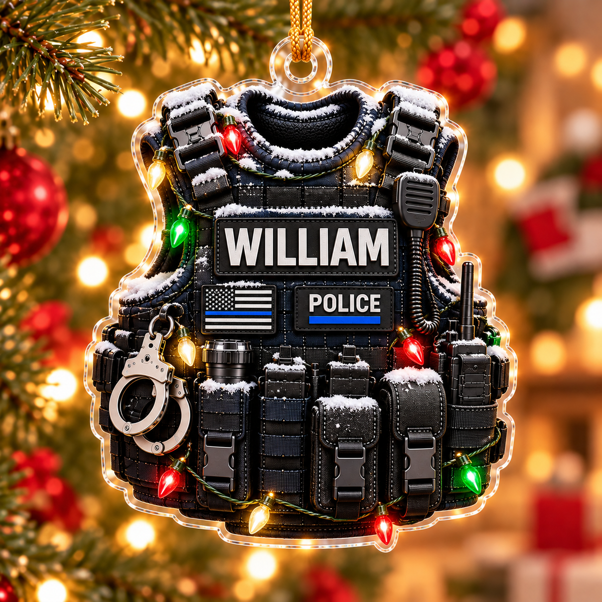 Personalized Police Tactical Vest Acrylic Ornament - Custom Name Thin Blue Line Christmas Gift