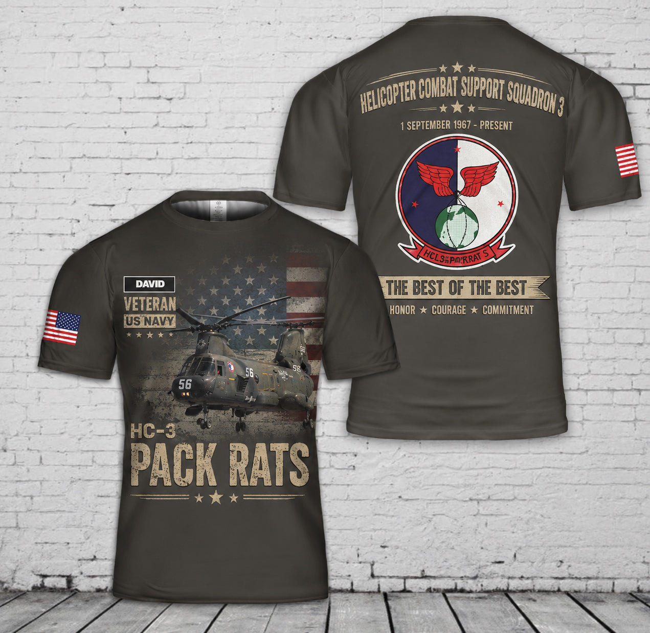 Custom US Navy Helicopter combat squadron 3 Pack Rats Veteran 3D T-Shirt
