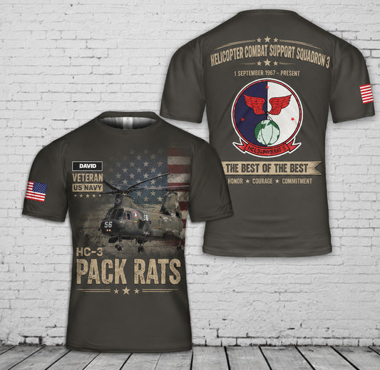 Custom US Navy Helicopter combat squadron 3 Pack Rats Veteran 3D T-Shirt