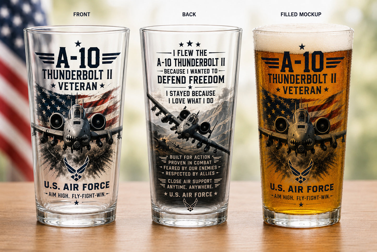 US Air Force A-10 Thunderbolt II Veteran 16oz Pint Beer Glass