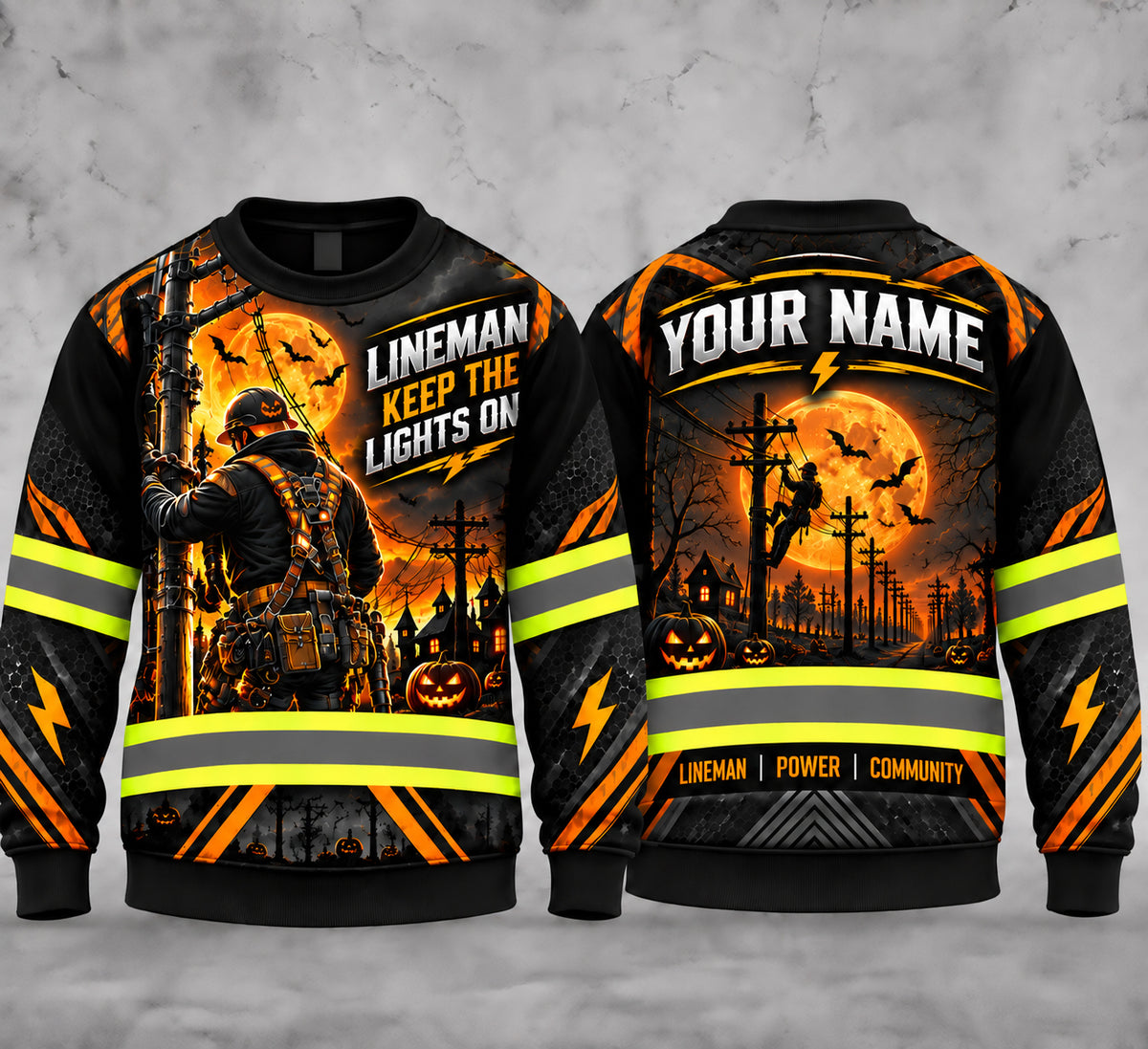 Custom Name Lineman Keep The Lights On Halloween AOP Sweatshirt