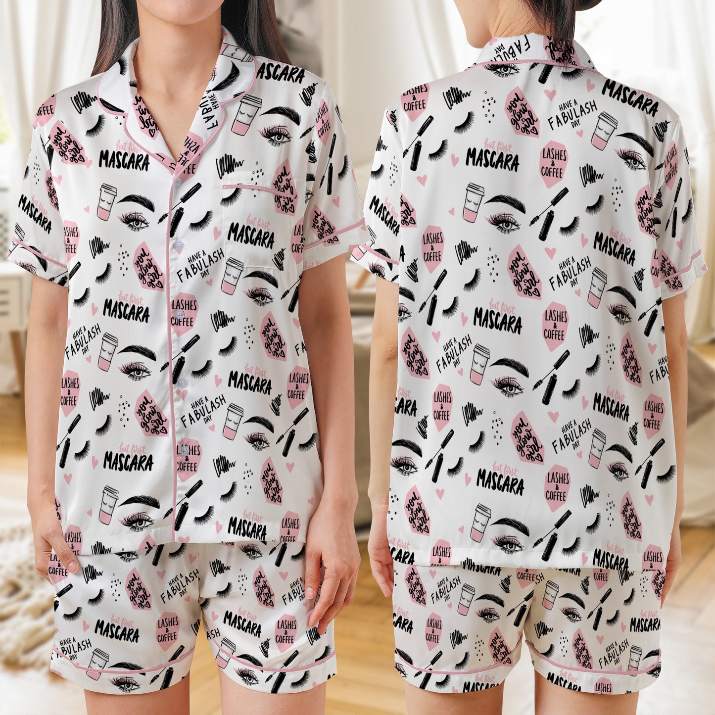 Makeup With Lashes And Mascara, Brush Stroke, Coffee Cup AOP Satin Short-Sleeve Pajamas Set