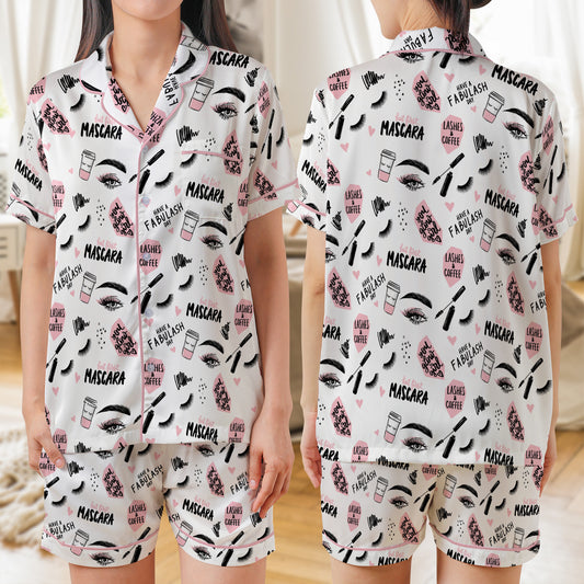 Makeup With Lashes And Mascara, Brush Stroke, Coffee Cup AOP Satin Short-Sleeve Pajamas Set
