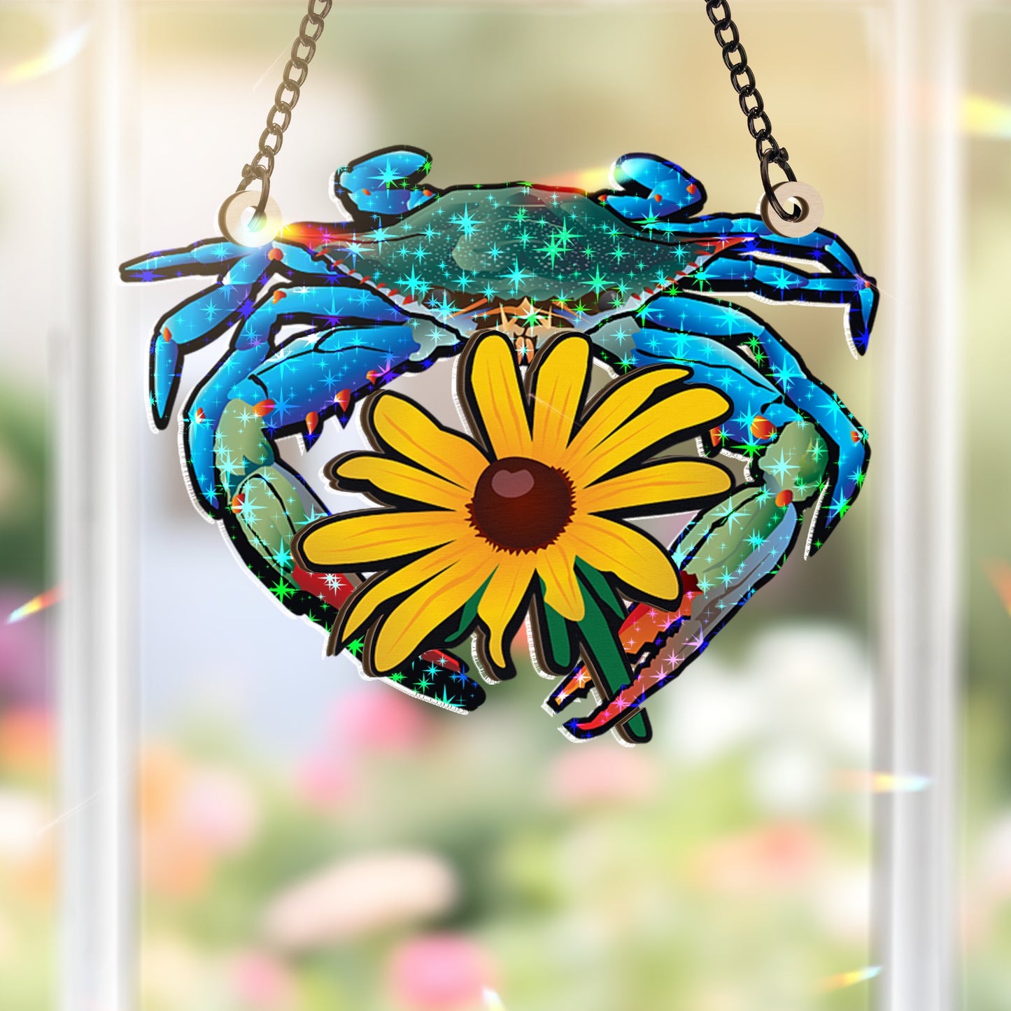 Maryland Black Eyed Susan & Blue Crab Custom Shape Wood and Star Hologram Ornament