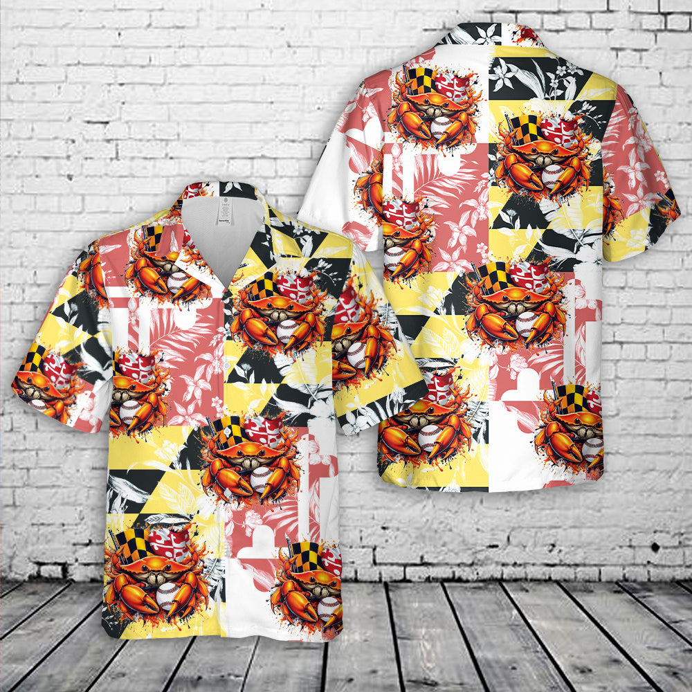 Maryland Crab Orange Crab & Baseball Maryland Flag Hawaiian Shirt