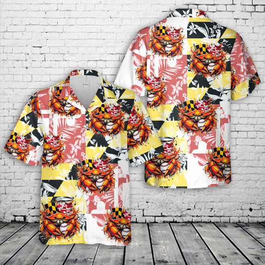 Maryland Crab Orange Crab & Baseball Maryland Flag Hawaiian Shirt