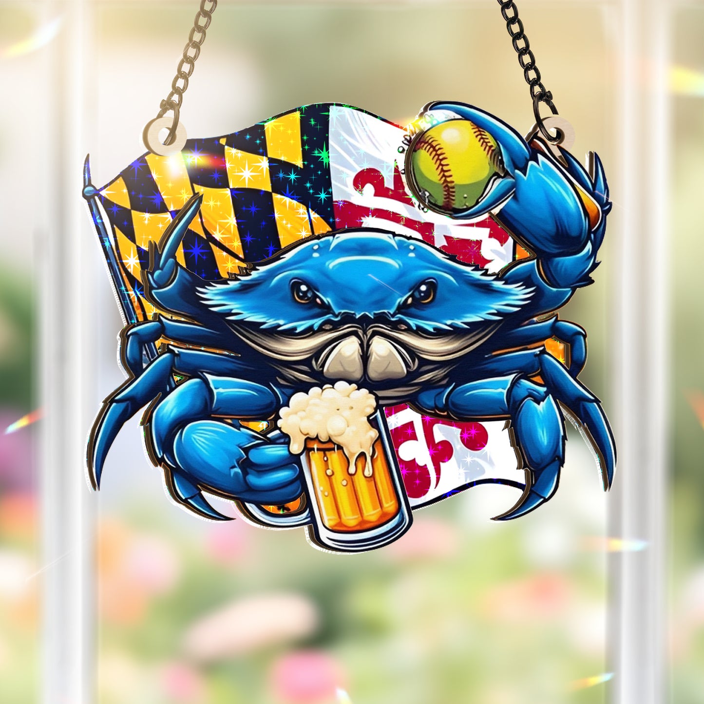 Maryland Flag Blue Crab, Cold Beer, Softball Custom Shape Wood and Star Hologram Ornament
