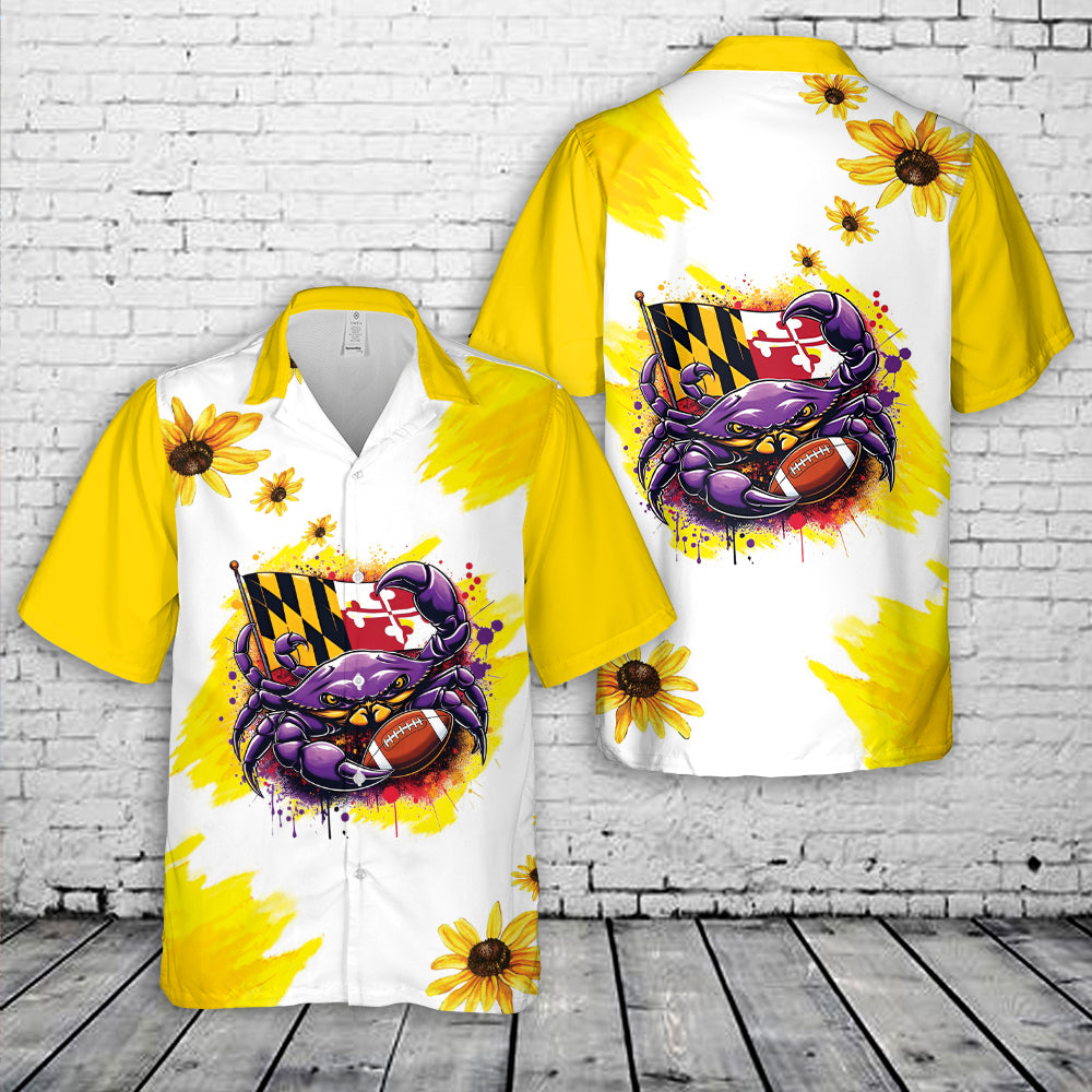 Maryland Flag Purple Crab Football Splatter - Steamed Crab Hawaiian Shirt