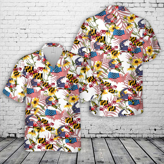 Maryland & US Flag Crab Necktie Hawaiian Shirt
