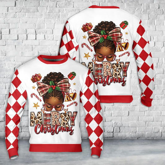 Merry Christmas Afro Messy Bun AOP Christmas Sweater