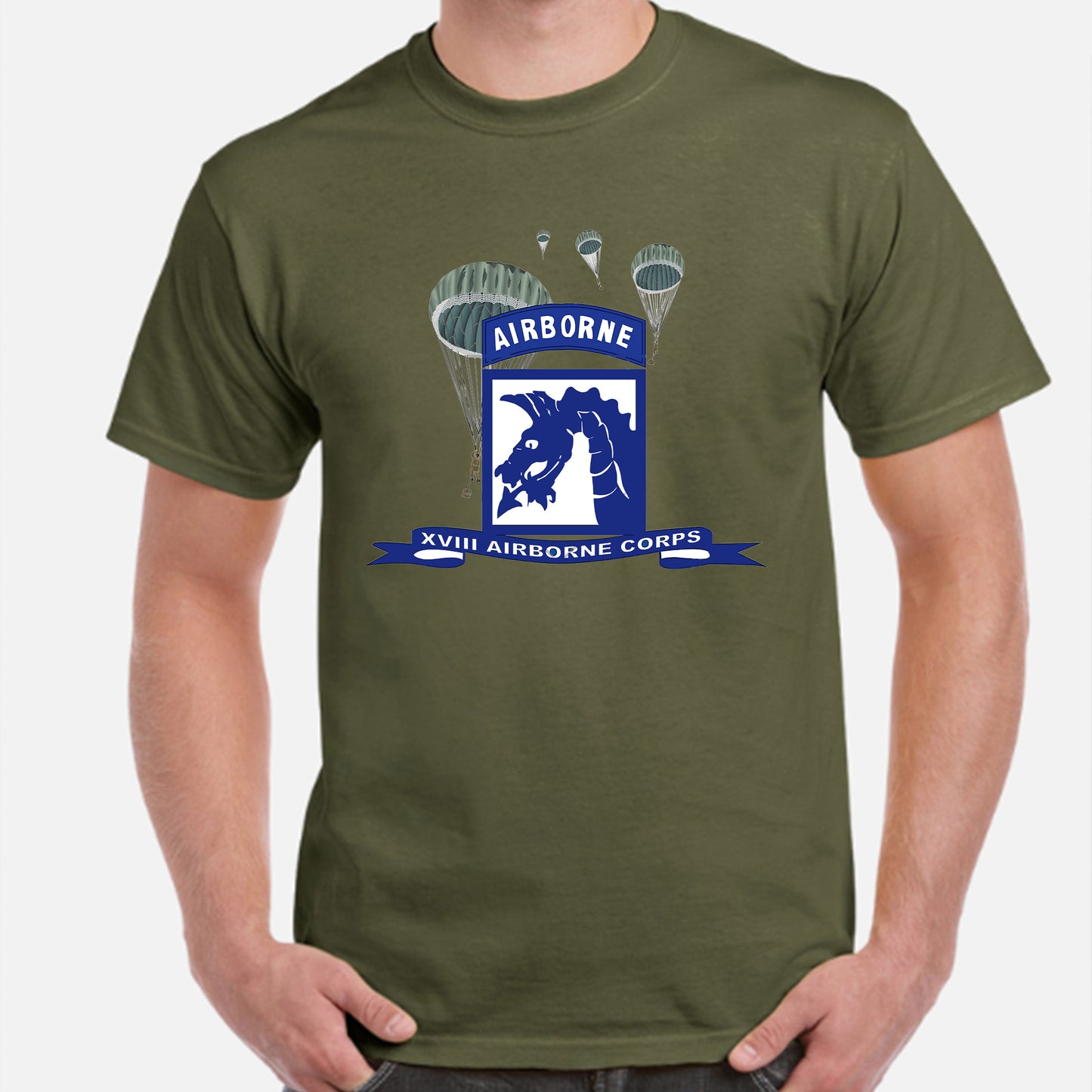 US Army XVIII Airborne Corps w Parachute Ribbon Classic Unisex T-Shirt Gildan 5000  (Made In US) DLQD1304PT05