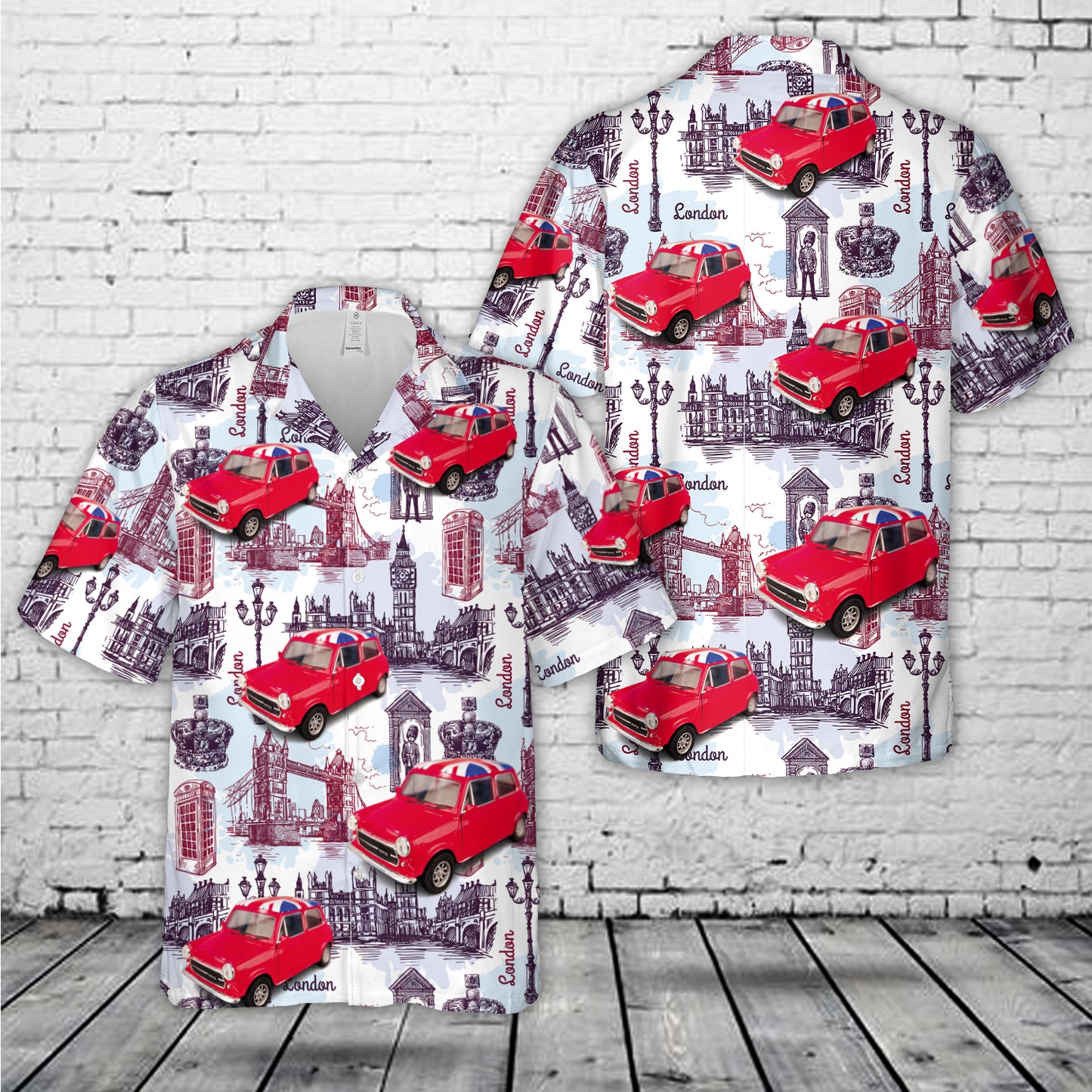Mini Cooper 1300 with British Flag Hawaiian Shirt