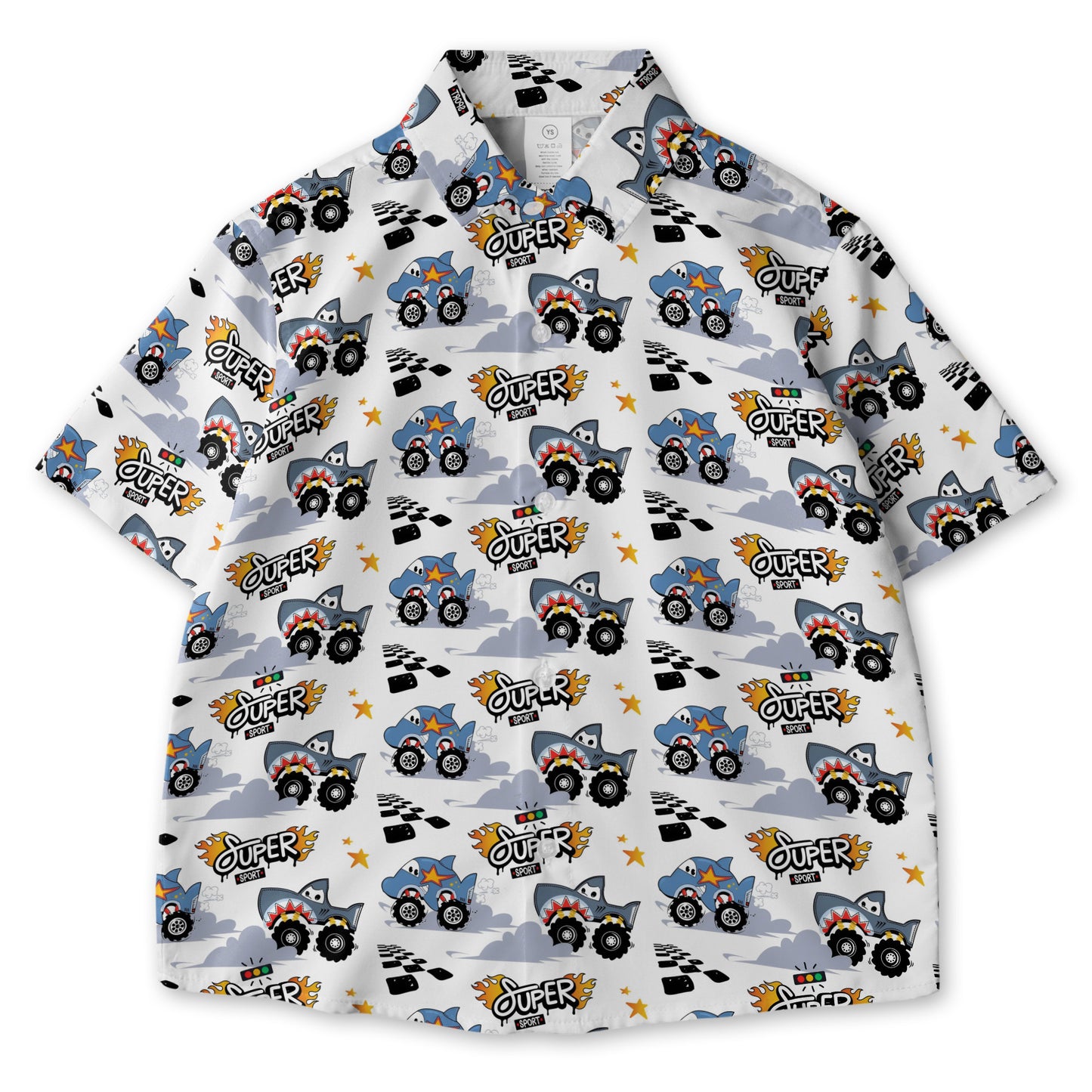 Monster Truck Race With Shark And Dolphin Crossing The Finish Line AOP Youth Button Down Shirt