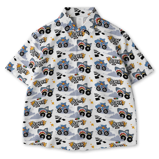 Monster Truck Race With Shark And Dolphin Crossing The Finish Line AOP Youth Button Down Shirt