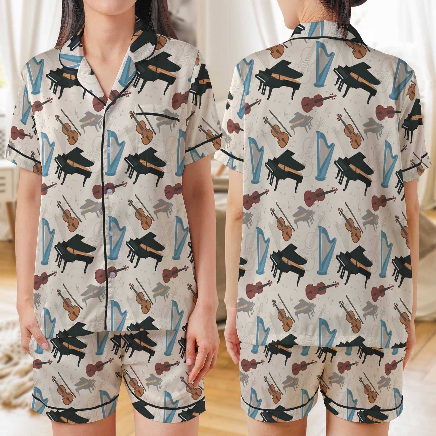 Musical Instruments Pattern AOP Satin Short-Sleeve Pajamas Set