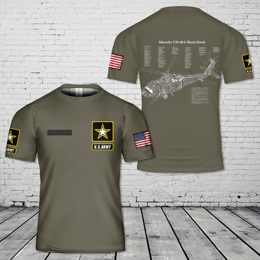 Custom Name US Army UH-60A Black Hawk Helicopter 3D T-shirt