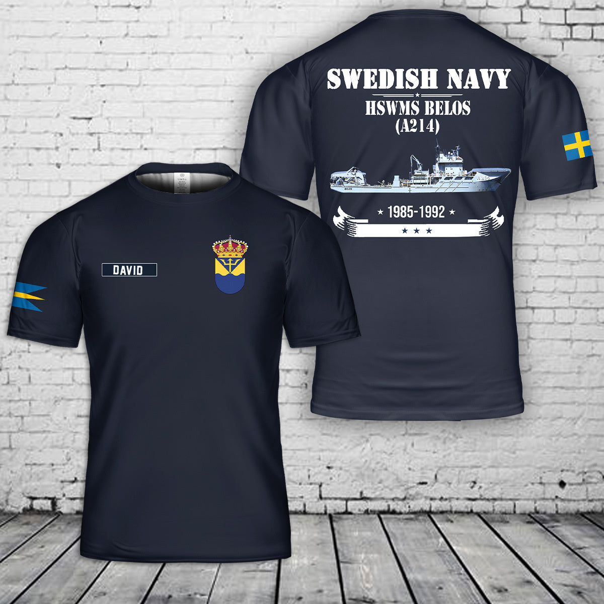 Custom Name Swedish Navy HSwMS Belos (A214) 3D T-shirt