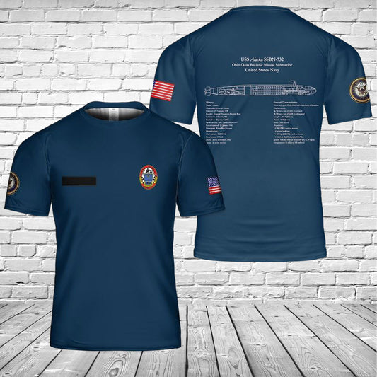 Custom Name US Navy USS Alaska SSBN-732 Ohio Class Submarine Blueprint 3D T-shirt