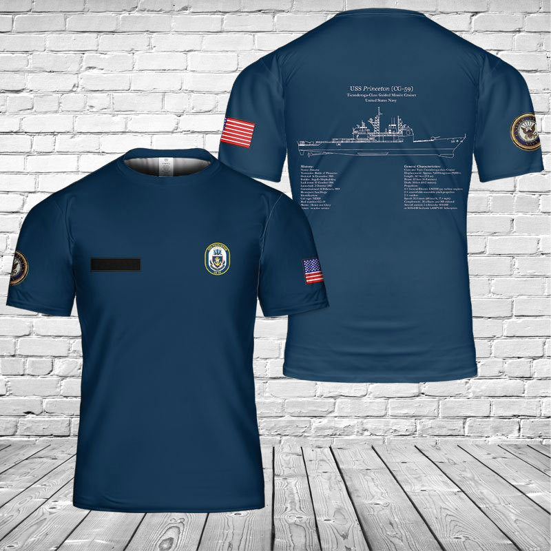 Custom Name US Navy USS Princeton CG-59, Ticonderoga Class Cruiser 3D T-shirt