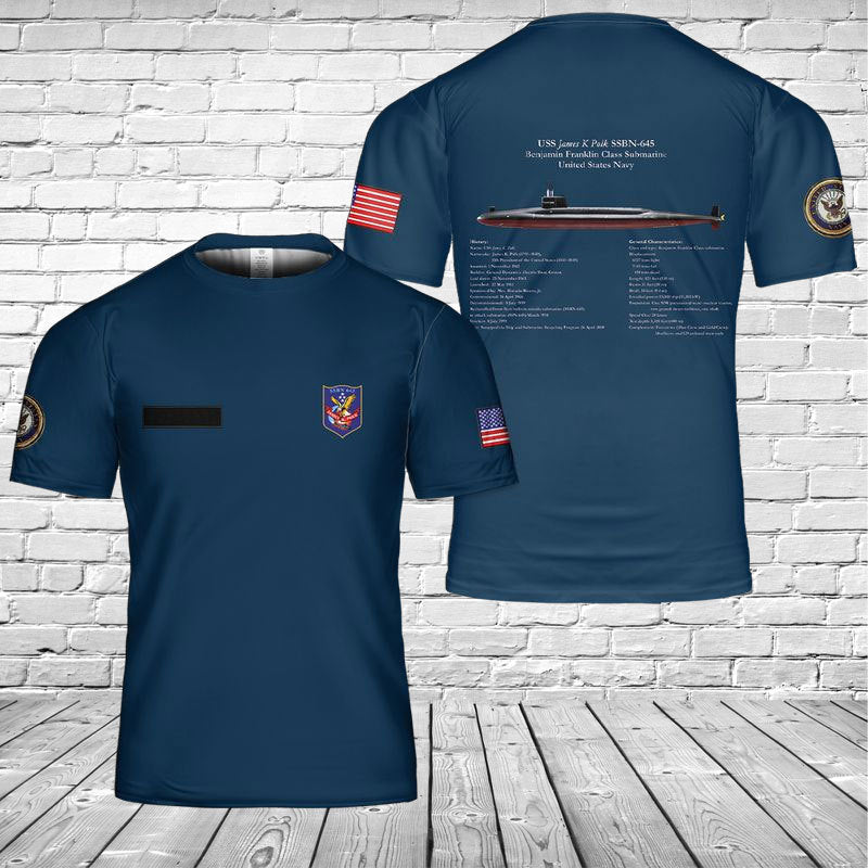 Custom Name US Navy USS James K Polk SSBN-645 3D T-shirt
