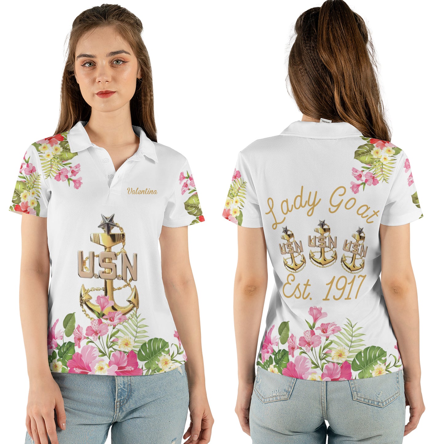Custom Name US Navy Senior Chief Lady Goat Est. 1917 Women's Polo Shirt