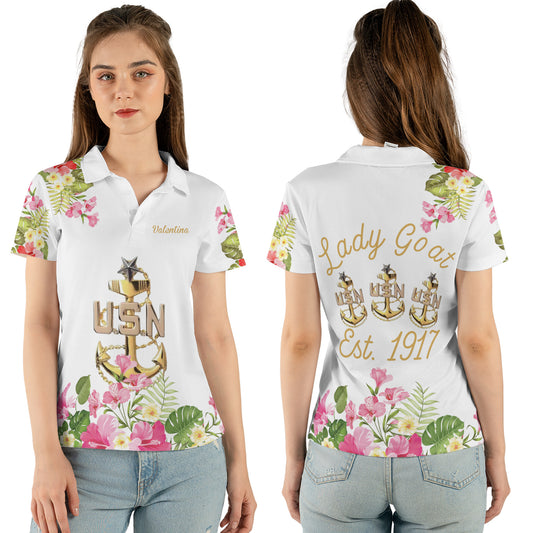 Custom Name US Navy Senior Chief Lady Goat Est. 1917 Women's Polo Shirt