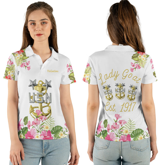 Custom Name US Navy Master Chief Lady Goat Est. 1917 Women's Polo Shirt