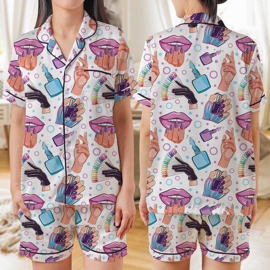 Nail Technician AOP Satin Short-Sleeve Pajamas Set