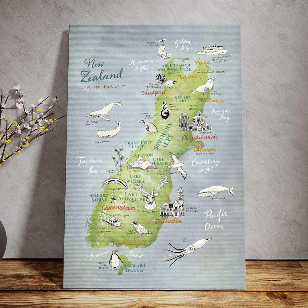 New Zealand Map of South Island Canvas