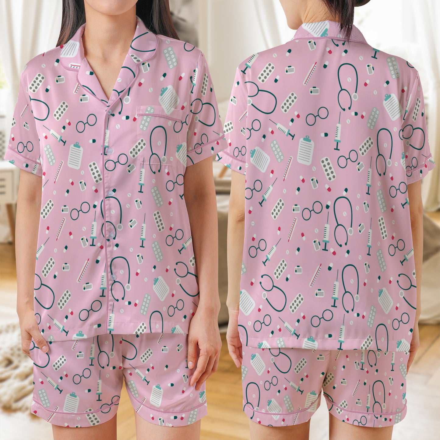 Nurse AOP Satin Short-Sleeve Pajamas Set