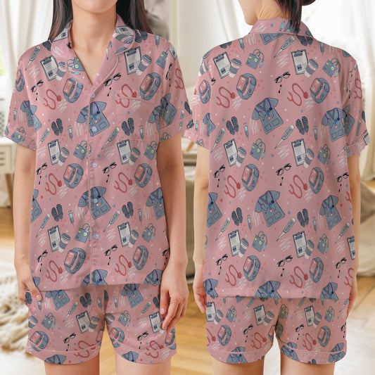 Nurse Seamless AOP Satin Short-Sleeve Pajamas Set