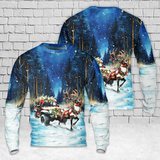 Offroading Christmas Lights, Antlers And Red Nose AOP Christmas Sweater