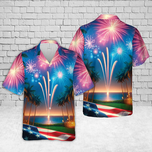 Palm Trees Fireworks With USA Flag 4th of July 1 Hawaiian Shirt