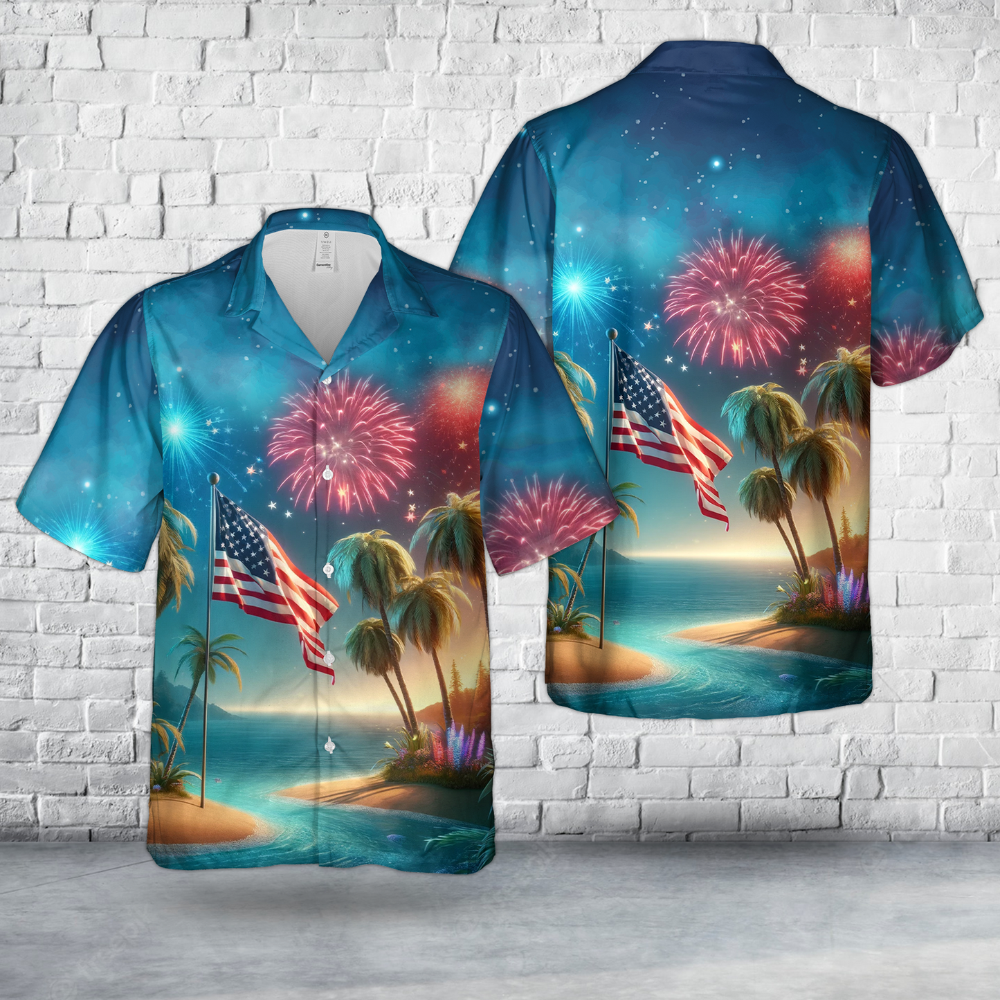 Palm Trees Fireworks With USA Flag 4th of July 2 Hawaiian Shirt