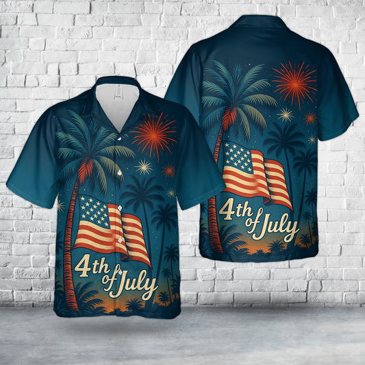 Patriotic 4th of July Tropical Palm Tree And Firework Hawaiian Shirt