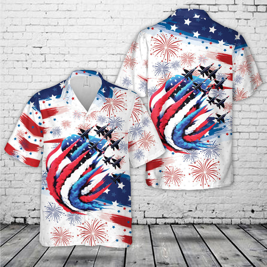 Patriotic Red White Blue Usa Flag Fighter Jets 4th Of July Hawaiian Shirt