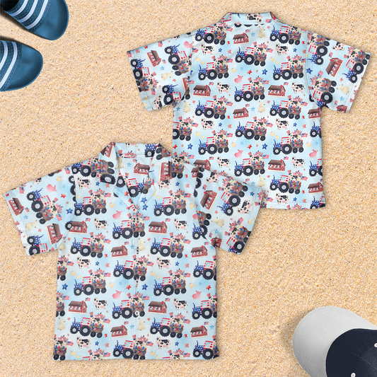 Patriotic Tractor Farmhouse Animal, 4th Of July Youth Short-sleeve Hawaiian Shirt