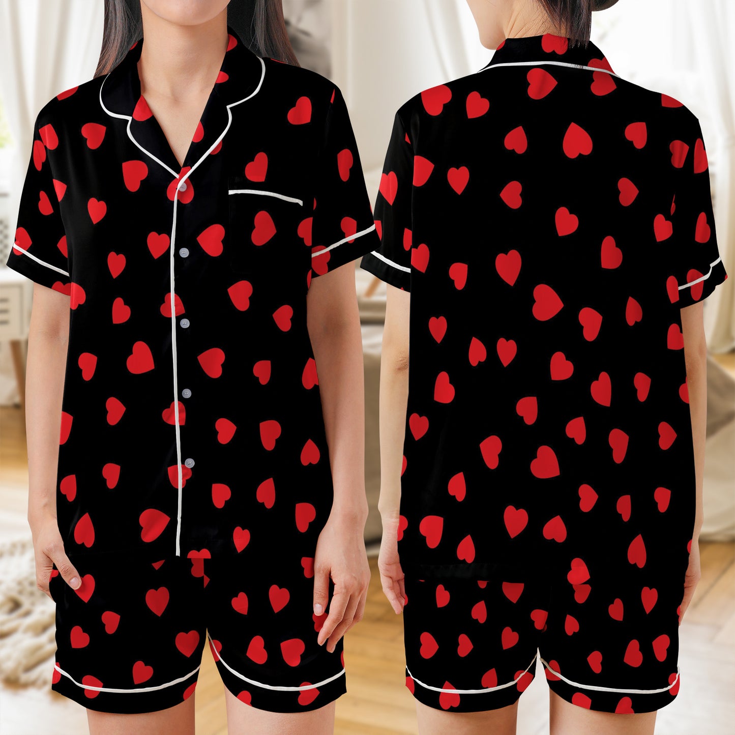 Pattern With Little Red Hearts, Love And Romance AOP Satin Short-Sleeve Pajamas Set