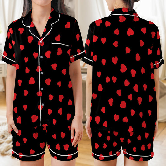 Pattern With Little Red Hearts, Love And Romance AOP Satin Short-Sleeve Pajamas Set