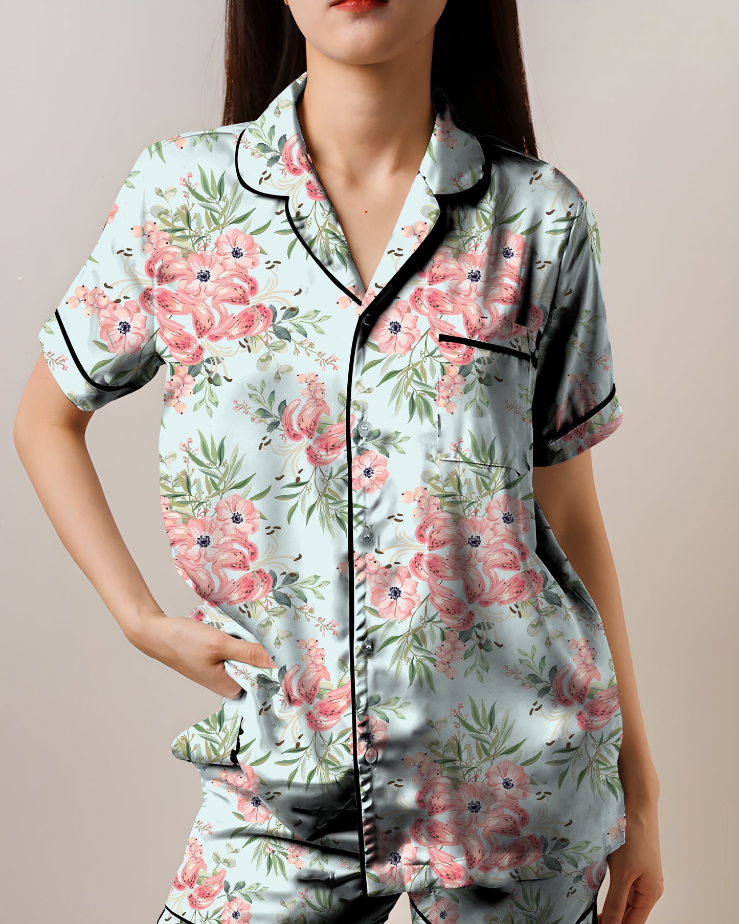 Pink Lily Flowers AOP Satin Short-Sleeve Pajamas Set