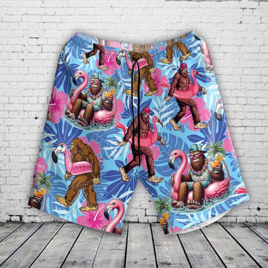 Pool Party Bigfoot Flamingo Pink Float Summer Holiday Beach Hawaiian Shorts