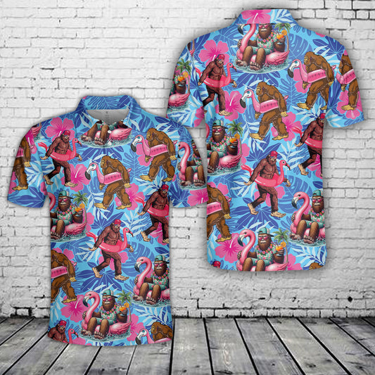 Pool Party Bigfoot Flamingo Pink Float Summer Holiday Beach Polo Shirt