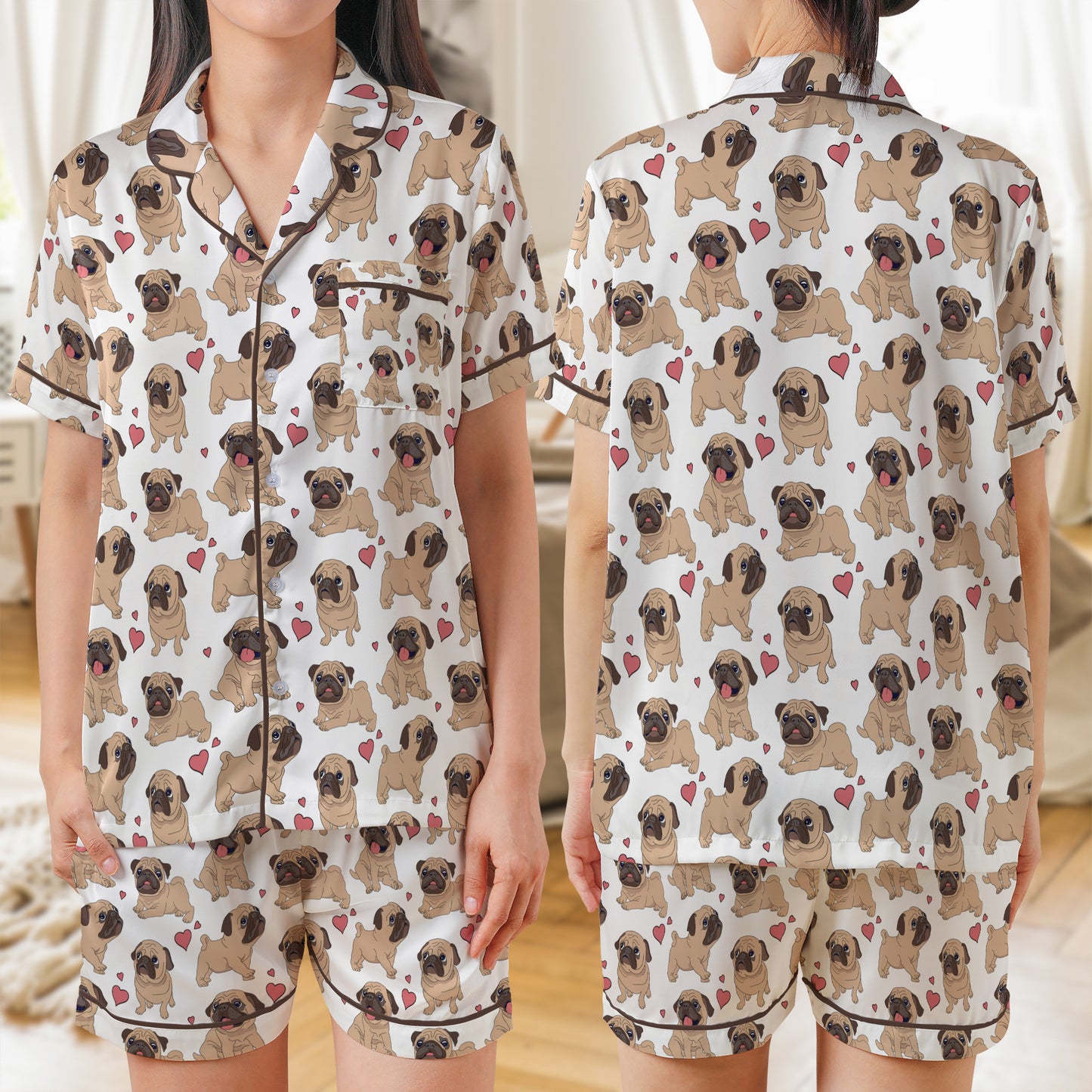Pug Cute AOP Satin Short-Sleeve Pajamas Set