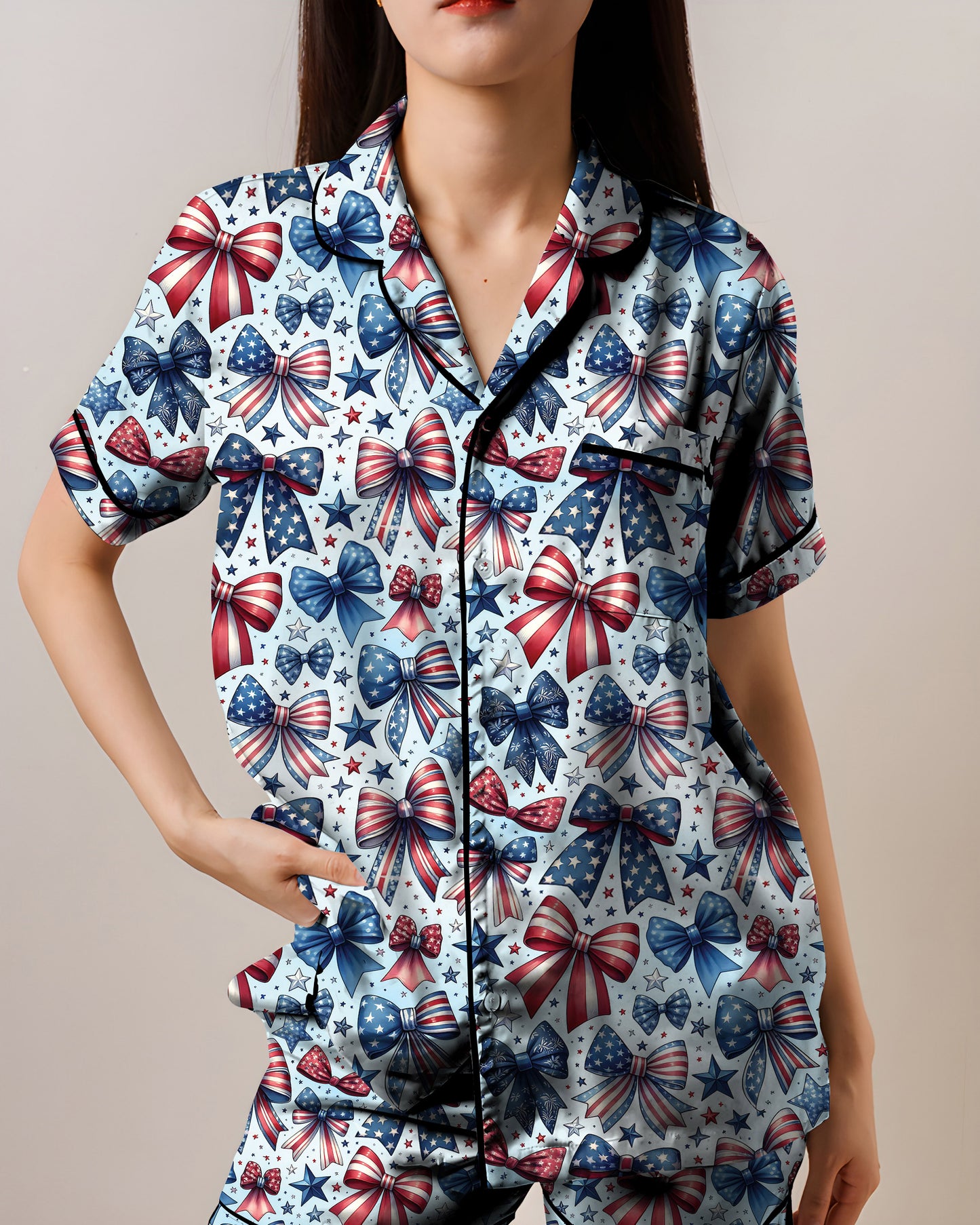 Red White & Blue Bows, 4th Of July AOP Satin Short-Sleeve Pajamas Set