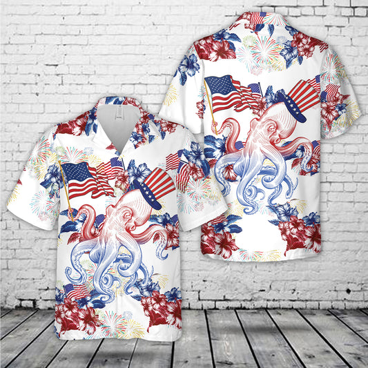 Red White And Blue Octopus, 4th Of July Hawaiian Shirt