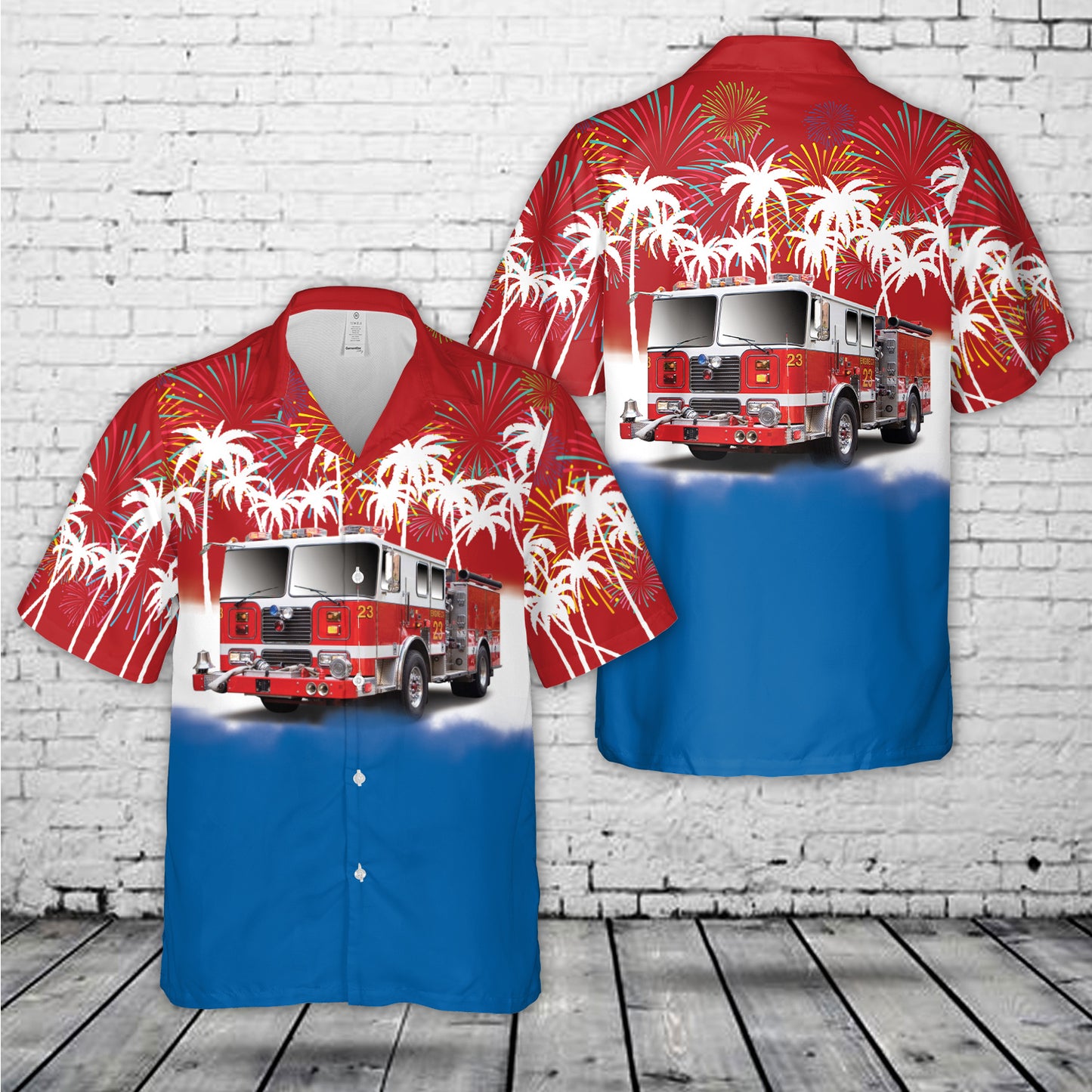 Red White & Blue Fire Trucks, 4th Of July Hawaiian Shirt